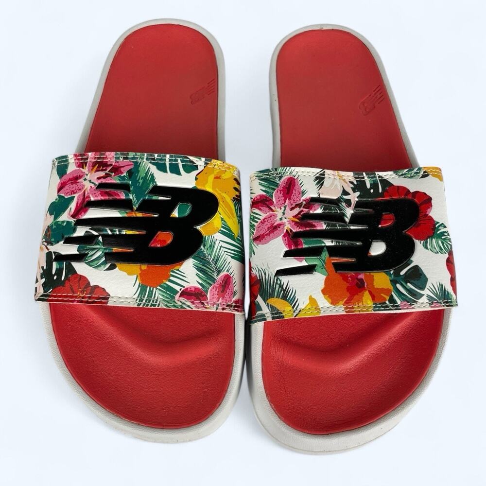 New Balance 200 V1 Women's Size 8 Slide Sandal Floral Logo Print White Slip On - Picture 2 of 7